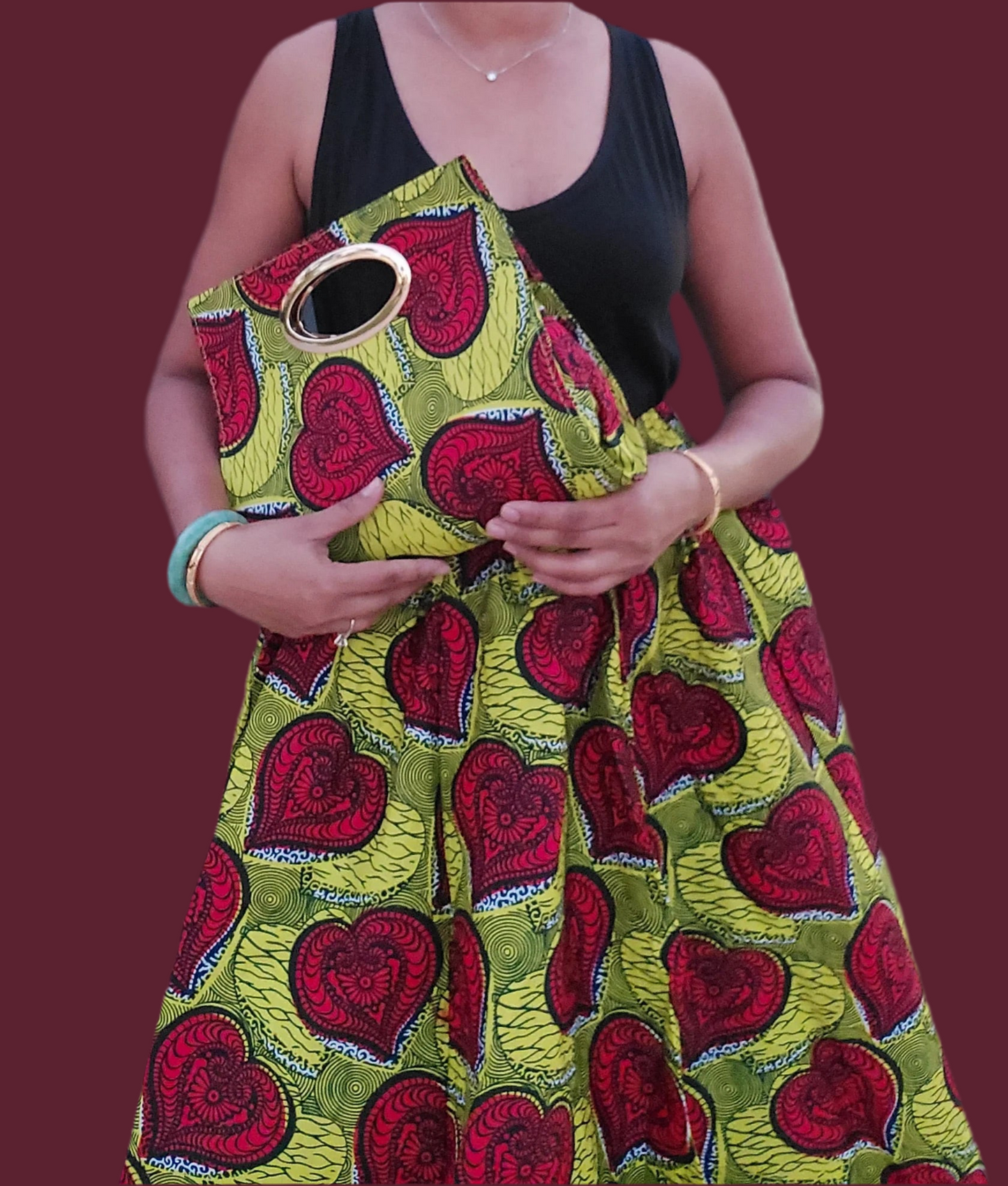 3pc Green & Red Hearts Mid Length Skirt w/ matching Purse & Scarf