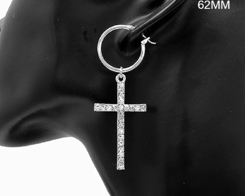 Silver Rhinestone Hoop Cross Earrings