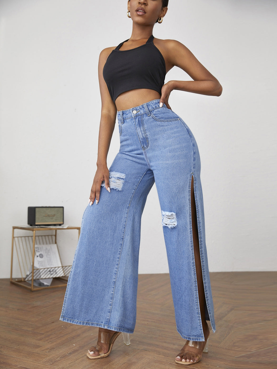 Slitted Straight Leg Light Blue Denim Jeans