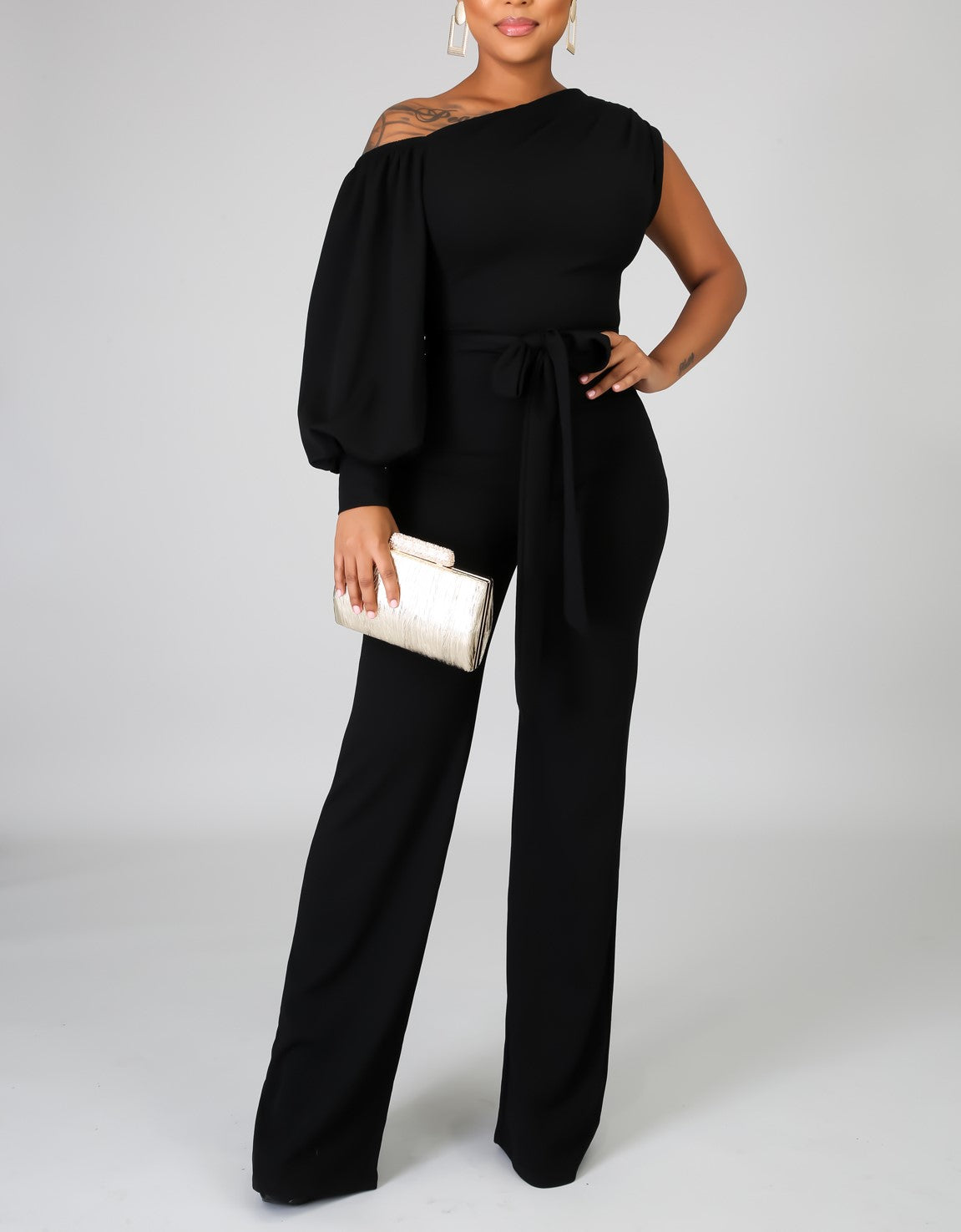 Black Long Sleeve One Sided Off-Shoulder Jumpsuit