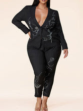 Black 2pc Rhinestone Art Print Pant Set Plus Size
