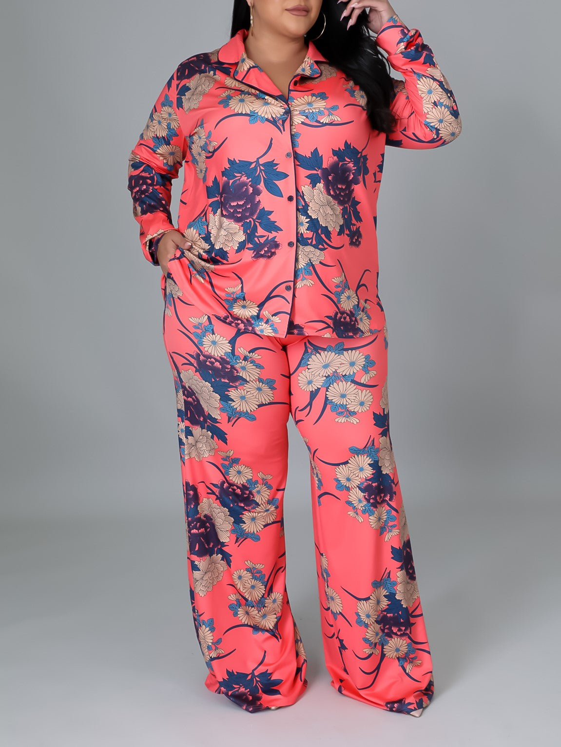 Coral Satin 2pc Pant Set