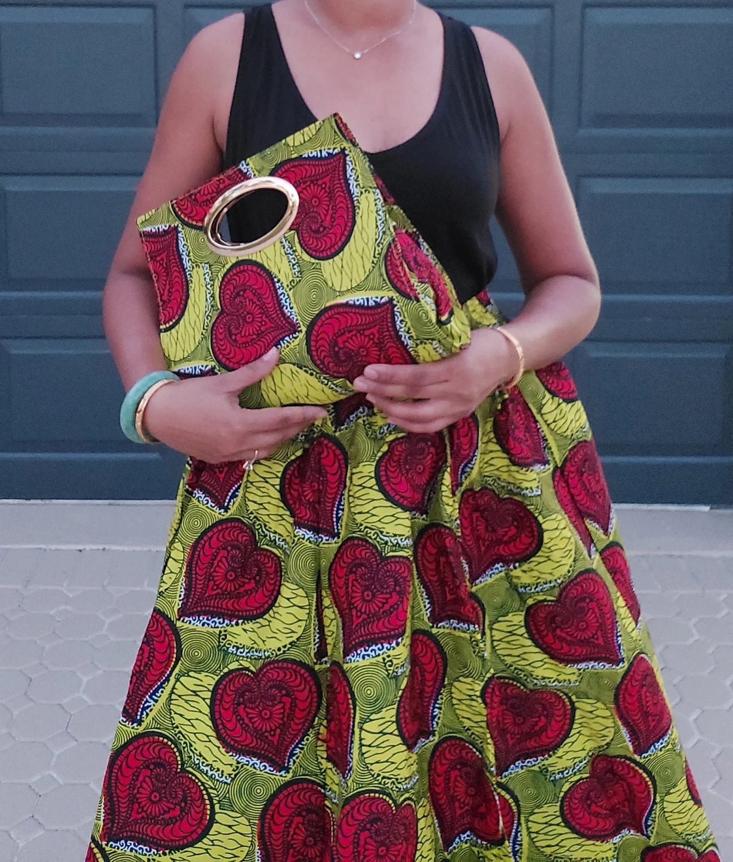 3pc Green & Red Hearts Mid Length Skirt w/ matching Purse & Scarf