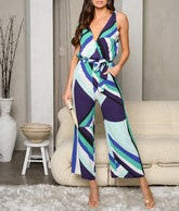 Blue Multi Print V-Neck Sleeveless Jumpsuit