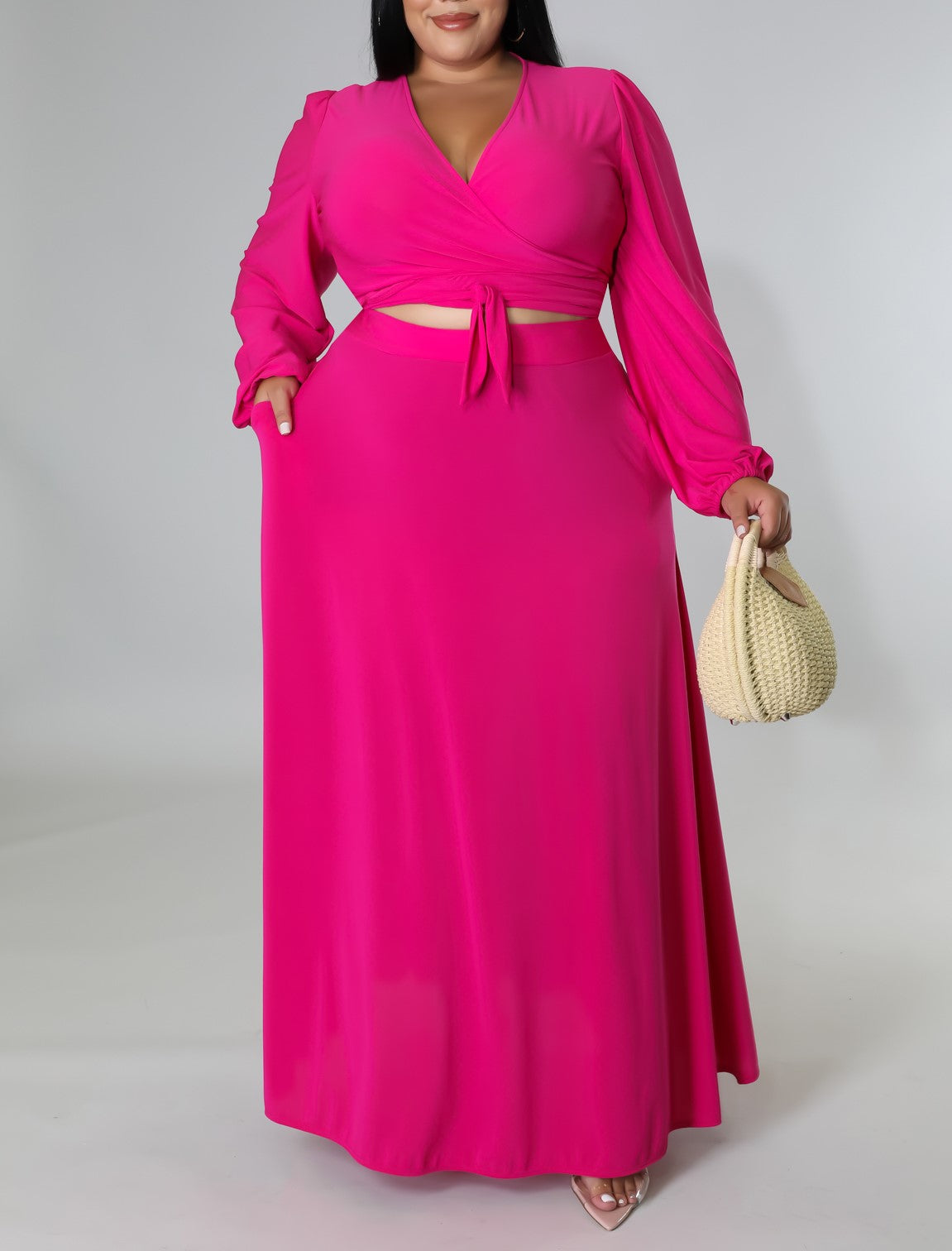 Pink Long Sleeve 2 Piece Skirt Set Plus Size
