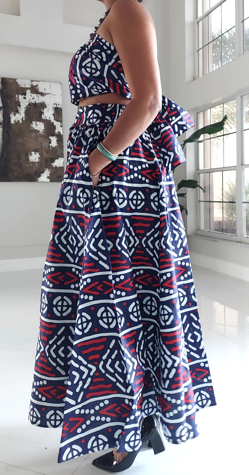Red & Blue Long Flared Skirt w/matching scarf