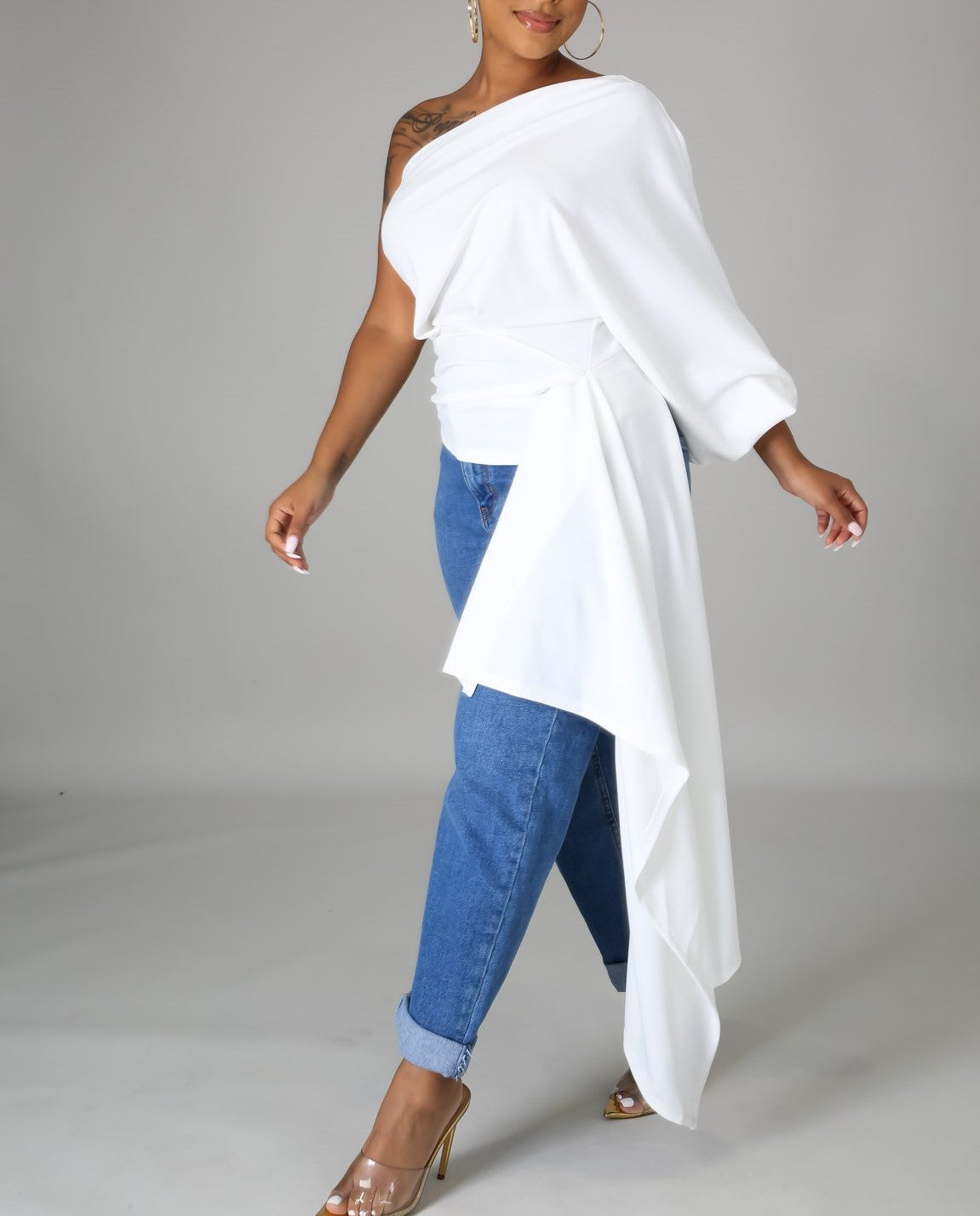Off-White Off Shoulder Top with Side Tail