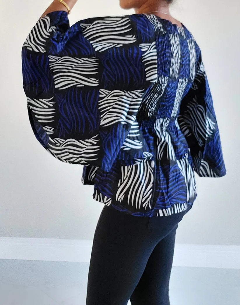 Blue & Zebra Print Flare Blouse w/Bell Sleeves