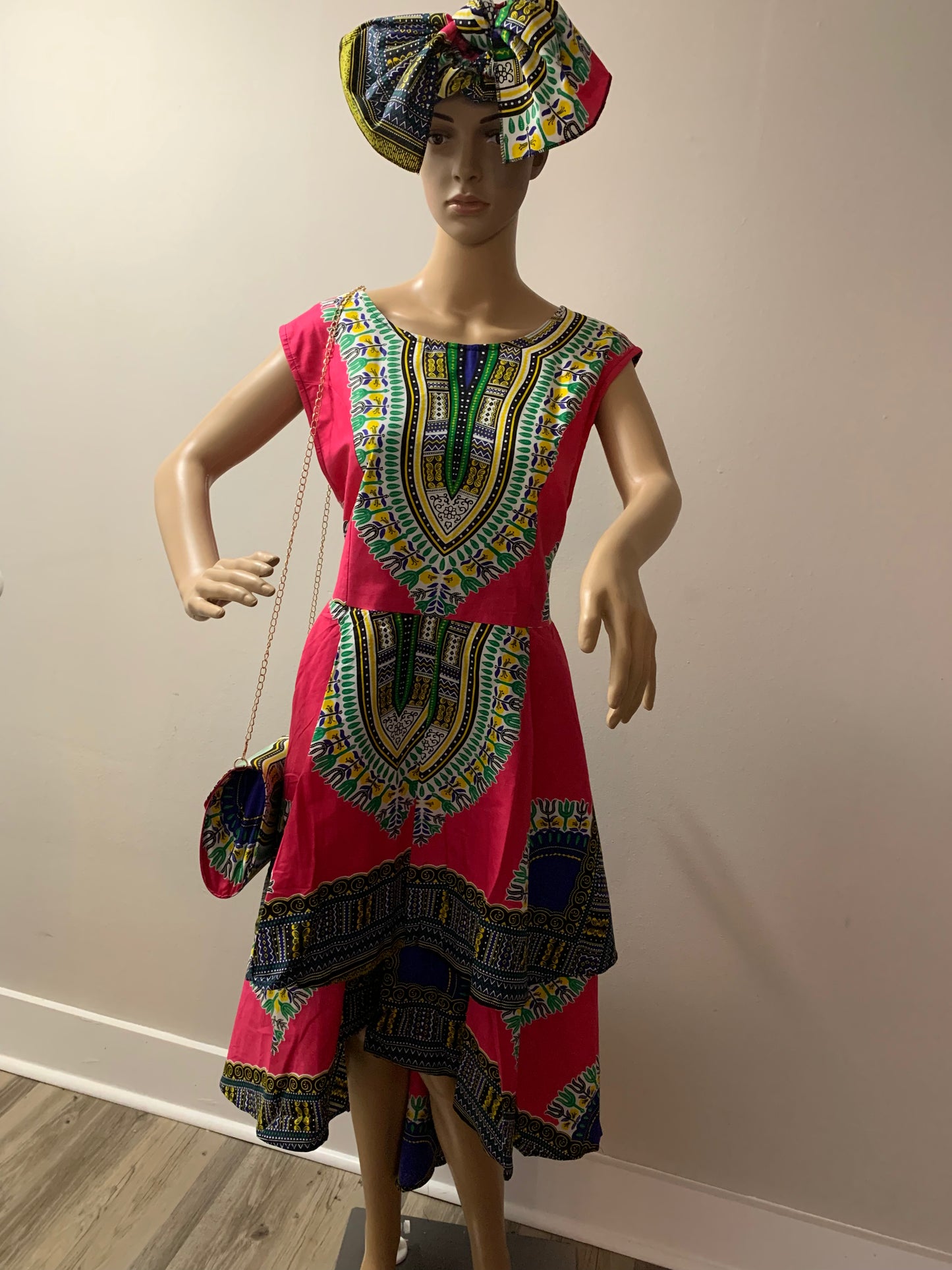Pink & Blue High-low Dashiki Dress w/matching purse