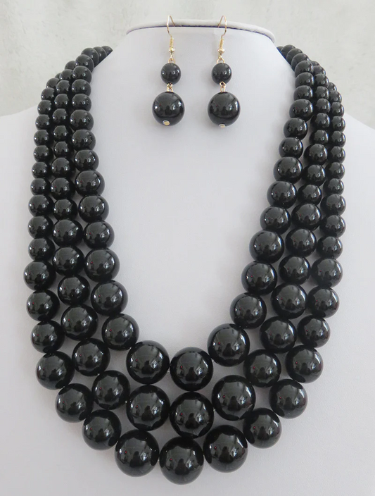 Black 3 Strand Pearl Necklace Set