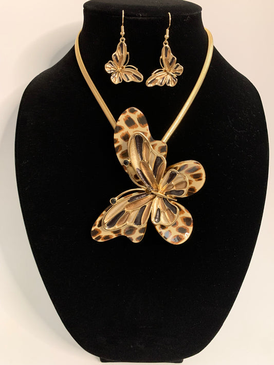 Gold & Leopard Print Butterfly Necklace Set
