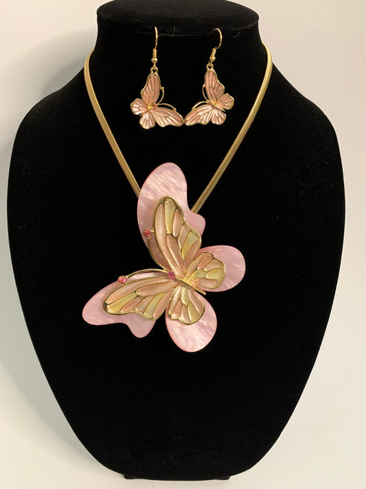 Pink & Gold Butterfly Necklace Set