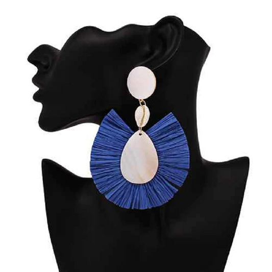 Blue Raffia Seashell Earrings