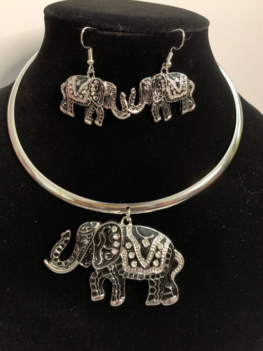 Silver & Black Elephant Choker Necklace Set