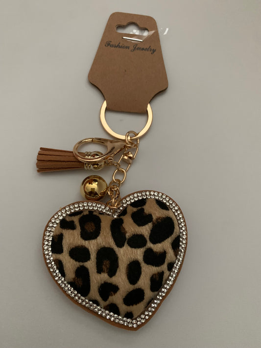 Brown Leopard Print Heart Crystal Emblished Keychain