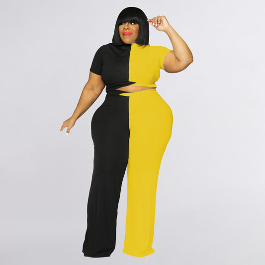 Plus Size Yellow & Black Color Block 2 Piece Jumpsuit