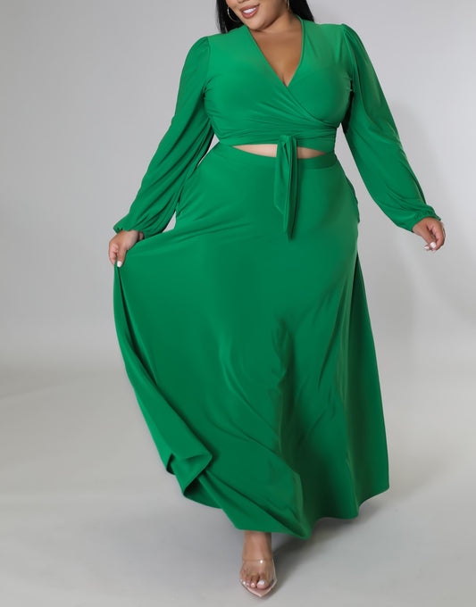 Green Long Sleeve 2 Piece Skirt Set Plus Size