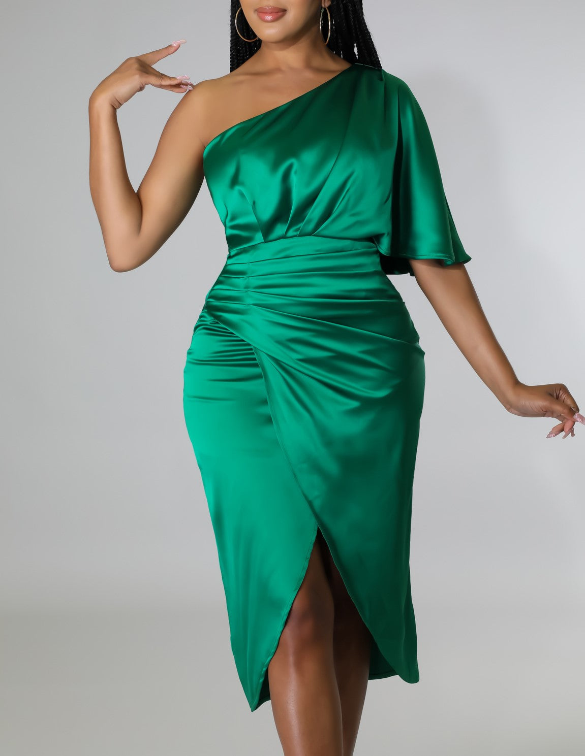 Plus Emerald Green Satin Drape Detail Side Split Midi Dress, 41% OFF