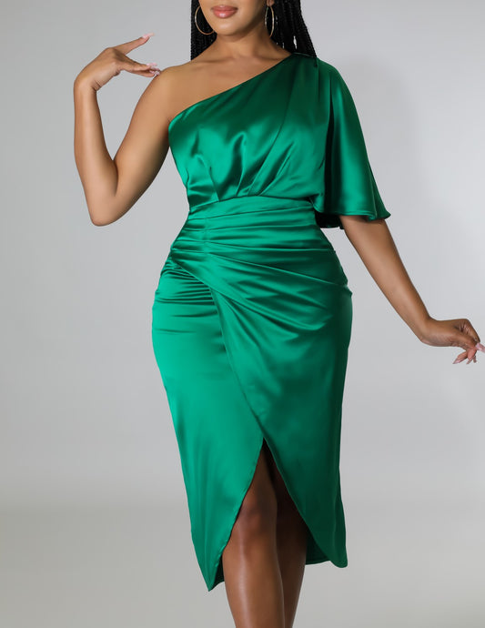 Emerald Green Satin Off Shoulder Dress
