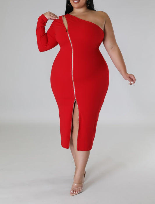 Red Off Shoulder Zipper Dress