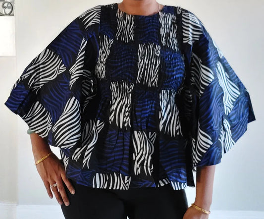 Blue & Zebra Print Flare Blouse w/Bell Sleeves